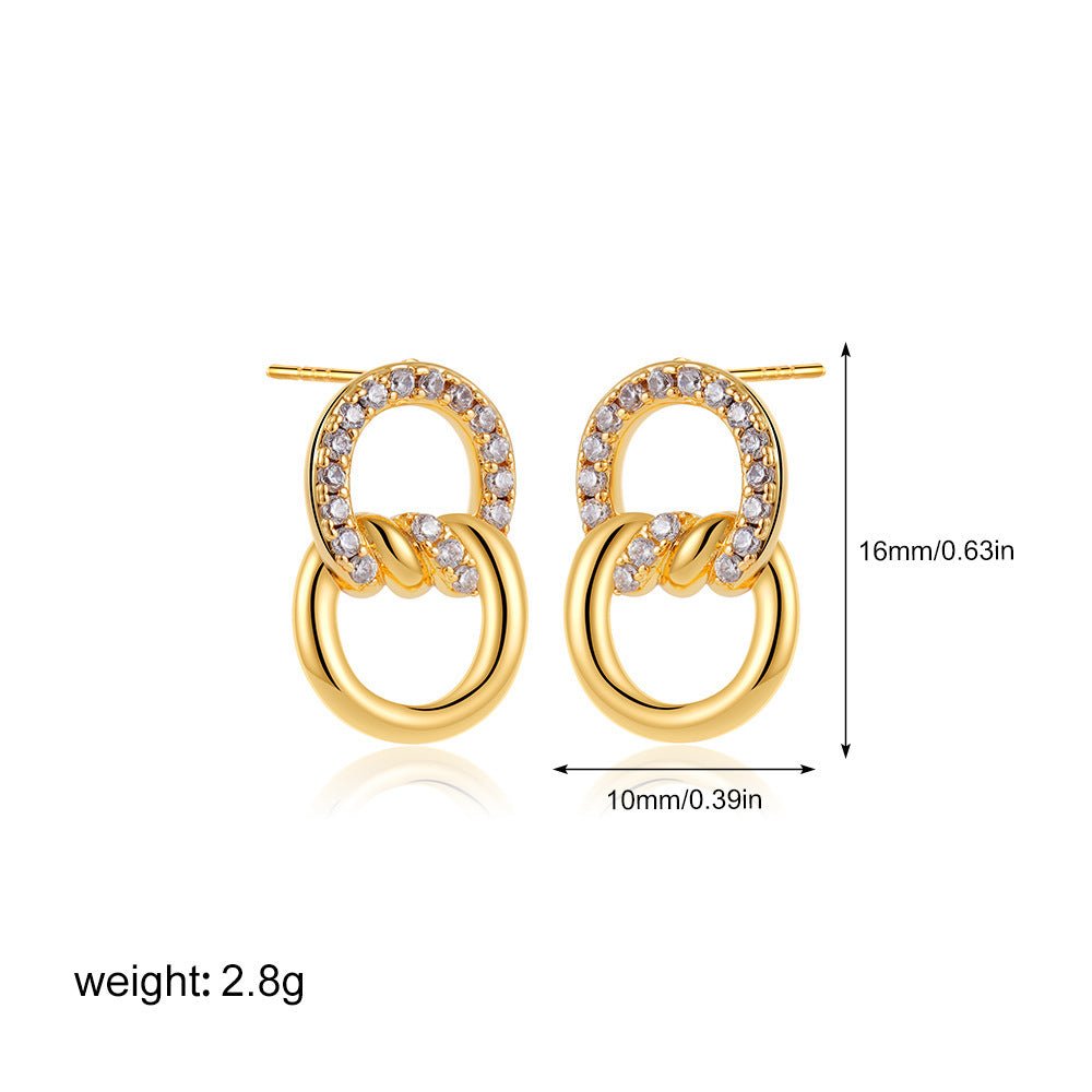18K Gold Double D Ring Micro Inlaid Zircon Bends And Hitches Stud Earrings Urban Sale