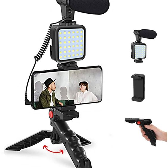Vlogging Kit With Tripod Phone Holder Mini Microphone LED Fill Light Starter For TikTok Live Stream Video YouTube Boing Cart