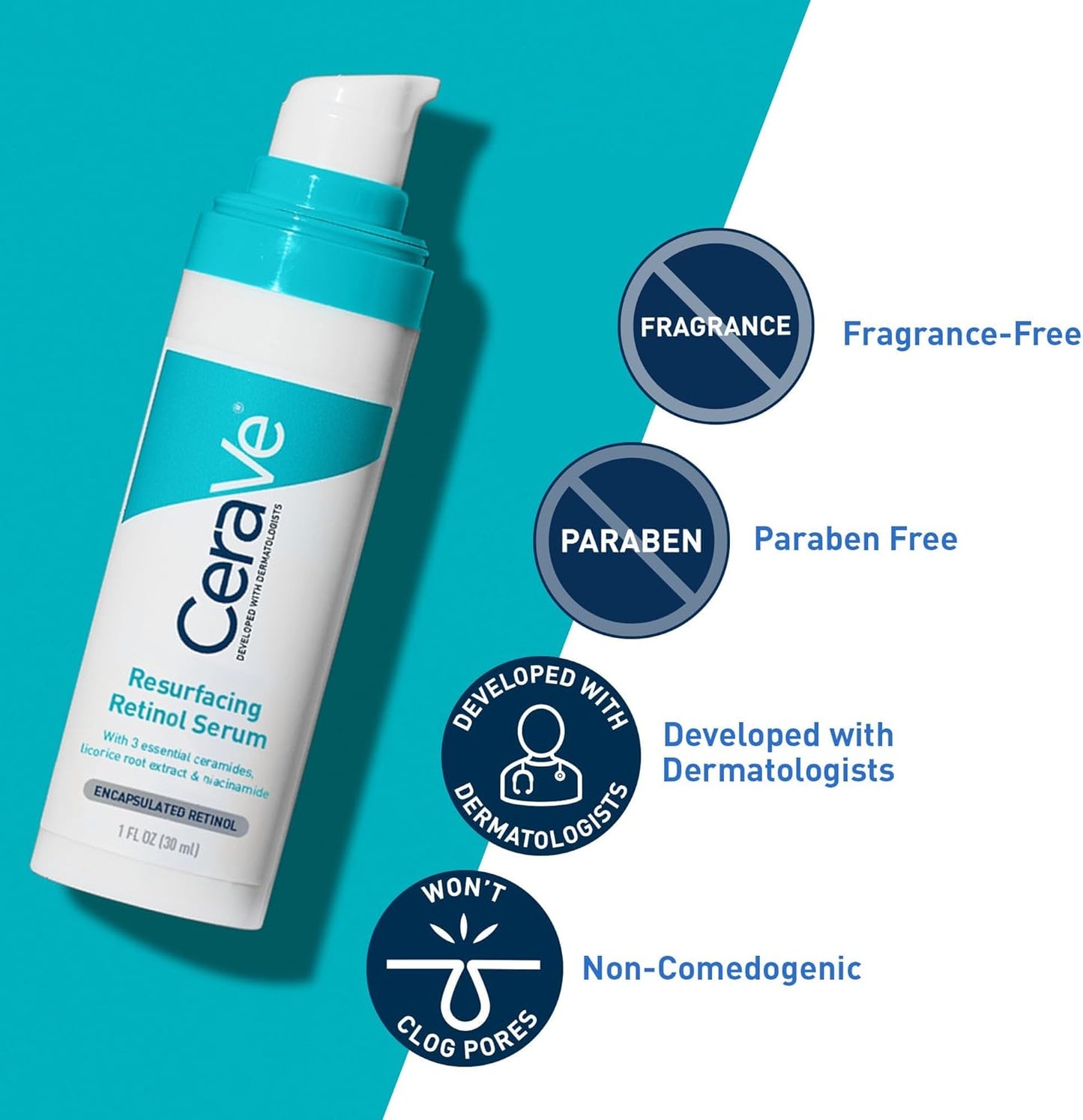 CeraVe Retinol Serum for Post-Acne Marks and Skin Texture | Pore Refining, Resurfacing, Brightening Facial Serum with Retinol and Niacinamide | Fragrance Free, Paraben Free & Non-Comedogenic| 30ML Lxeoasis