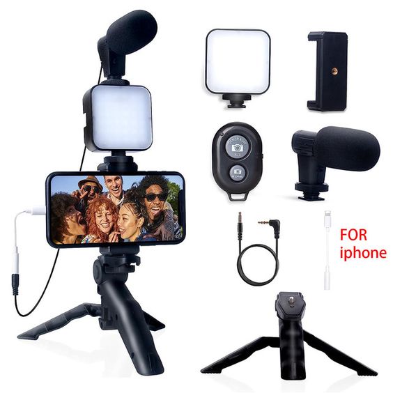 Vlogging Kit With Tripod Phone Holder Mini Microphone LED Fill Light Starter For TikTok Live Stream Video YouTube Boing Cart
