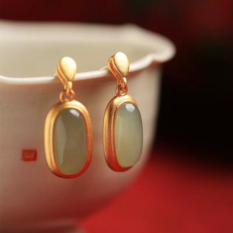 Ancient Gold Inlaid Hetian Jade Earrings For Women New Long Urban Sale