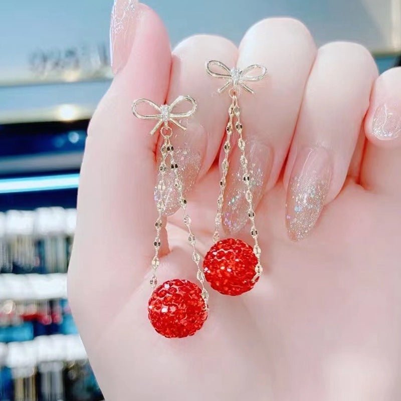 Autumn And Winter Golden Bow With Red Rhinestone Fashion Simple Eardrops Urban Sale