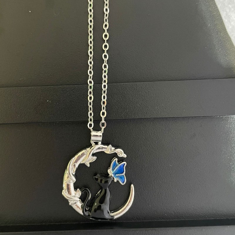 Black Cat Butterfly Moon Branch Winding Pendant Necklace Urban Sale