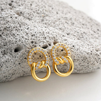 18K Gold Double D Ring Micro Inlaid Zircon Bends And Hitches Stud Earrings Urban Sale