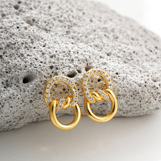 18K Gold Double D Ring Micro Inlaid Zircon Bends And Hitches Stud Earrings Urban Sale