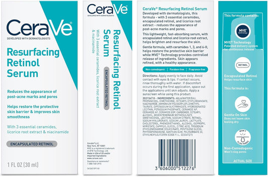 CeraVe Retinol Serum for Post-Acne Marks and Skin Texture | Pore Refining, Resurfacing, Brightening Facial Serum with Retinol and Niacinamide | Fragrance Free, Paraben Free & Non-Comedogenic| 30ML