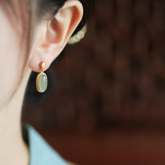 Ancient Gold Inlaid Hetian Jade Earrings For Women New Long Urban Sale
