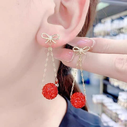 Autumn And Winter Golden Bow With Red Rhinestone Fashion Simple Eardrops Urban Sale
