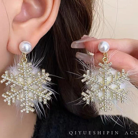 Christmas Snowflake Earrings Women's Full Diamond Pearl Plush Earrings Urban Sale