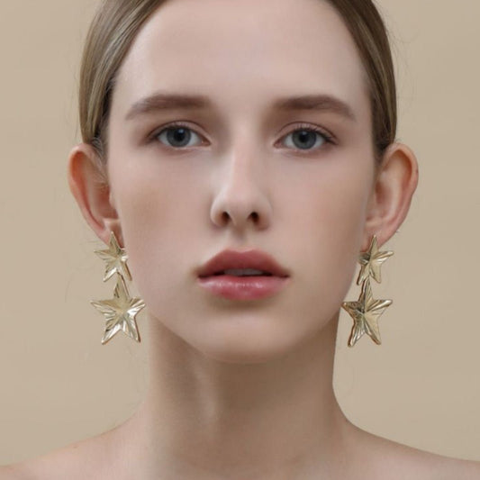 European And American Metal Fashion Brass Artificial Gold Earrings Geometric Five-pointed Star Double Layer Urban Sale