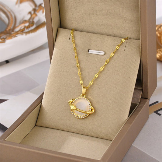 French Style Design Planet Opal Pendant Titanium Steel Necklace Non-fading Simple Urban Sale