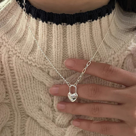 Women's Double-Layer Chain Heart-Shape Lock Necklace S925 Sterling Silver Urban Sale